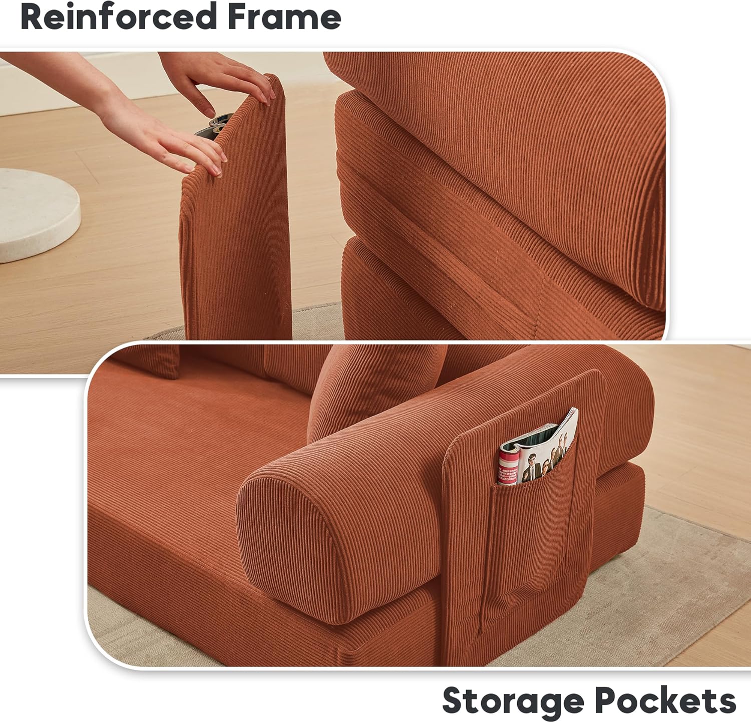 L Shaped Modular Sofa Bed with Cylindrical Pillow & Reversible Chaise, Corduroy Folding Floor Convertible Sofa Couch Bed with Fixed-Shape Frame & Storage Pocket for Living Room, Orange