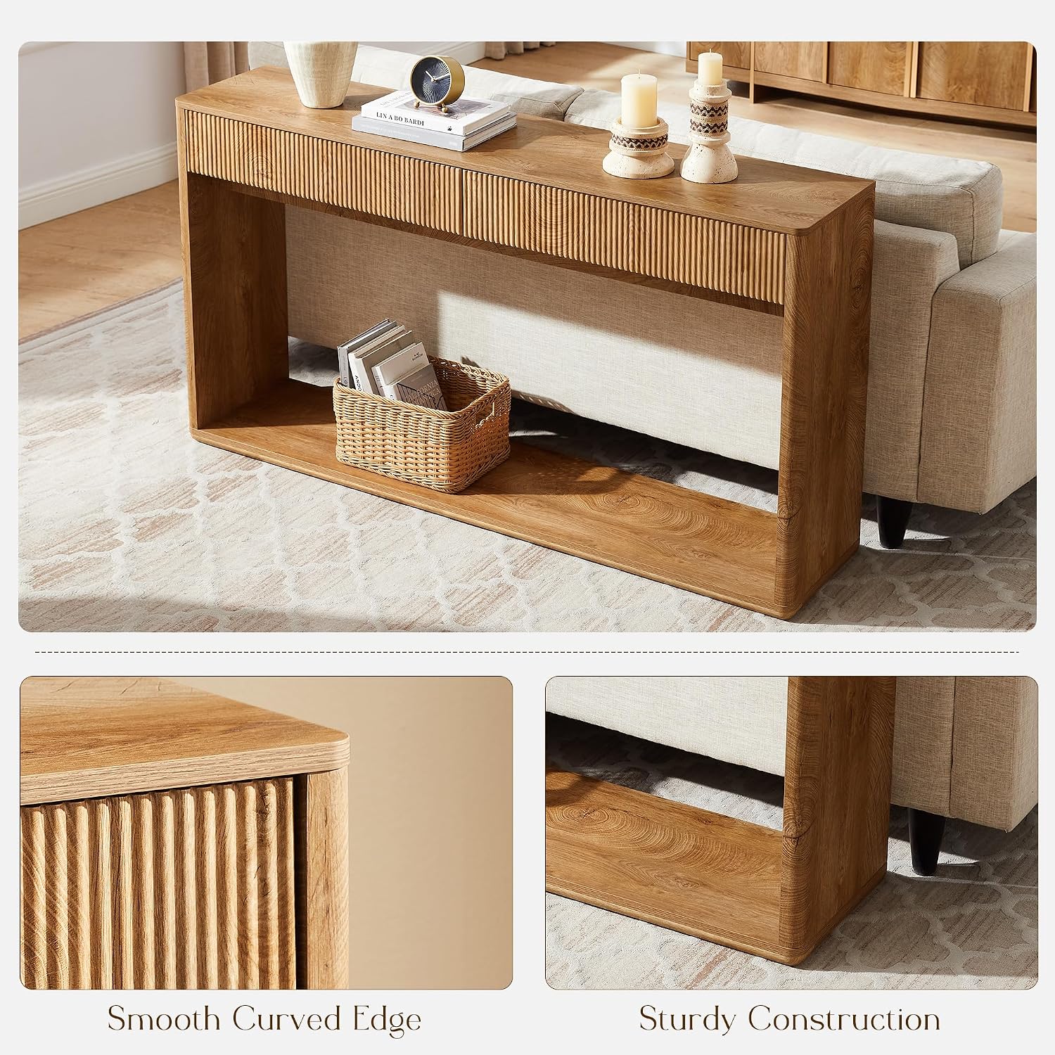 OKD 63' Fluted Console Table for Entryway, Modern Entryway Table with 2 Large Drawers, Long Sofa Table Behind Couch for Living Room, Hallway, Couch, Foyer，Light Knotty Oak