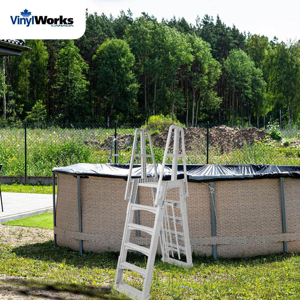Vinyl Works SLA A-Frame 48 to 56 Inch Adjustable Above Ground Swimming Pool Ladder Entry System with Slide Lock Barrier and Handrails, White
