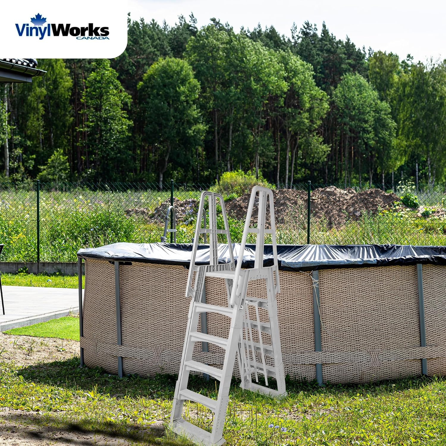 Vinyl Works SLA A-Frame 48 to 56 Inch Adjustable Above Ground Swimming Pool Ladder Entry System with Slide Lock Barrier and Handrails, White