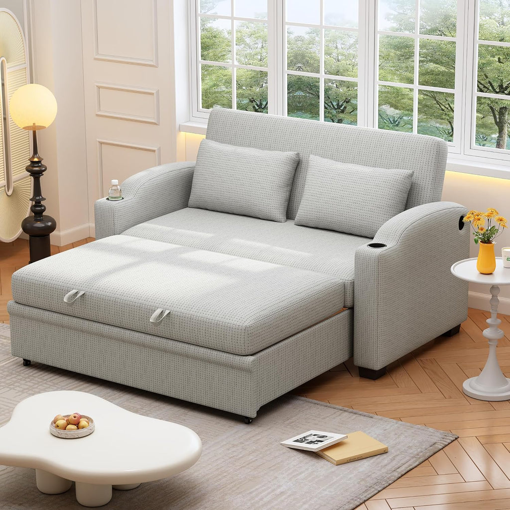 Merax 61.6' Pull Out Sleeper Sofa Bed, Modern Chenille Convertible Loveseat Sofa with Adjsutable Backrest, 2 Pillows, Cup Holders, USB Ports for Living Room, Apartment, White+Gray