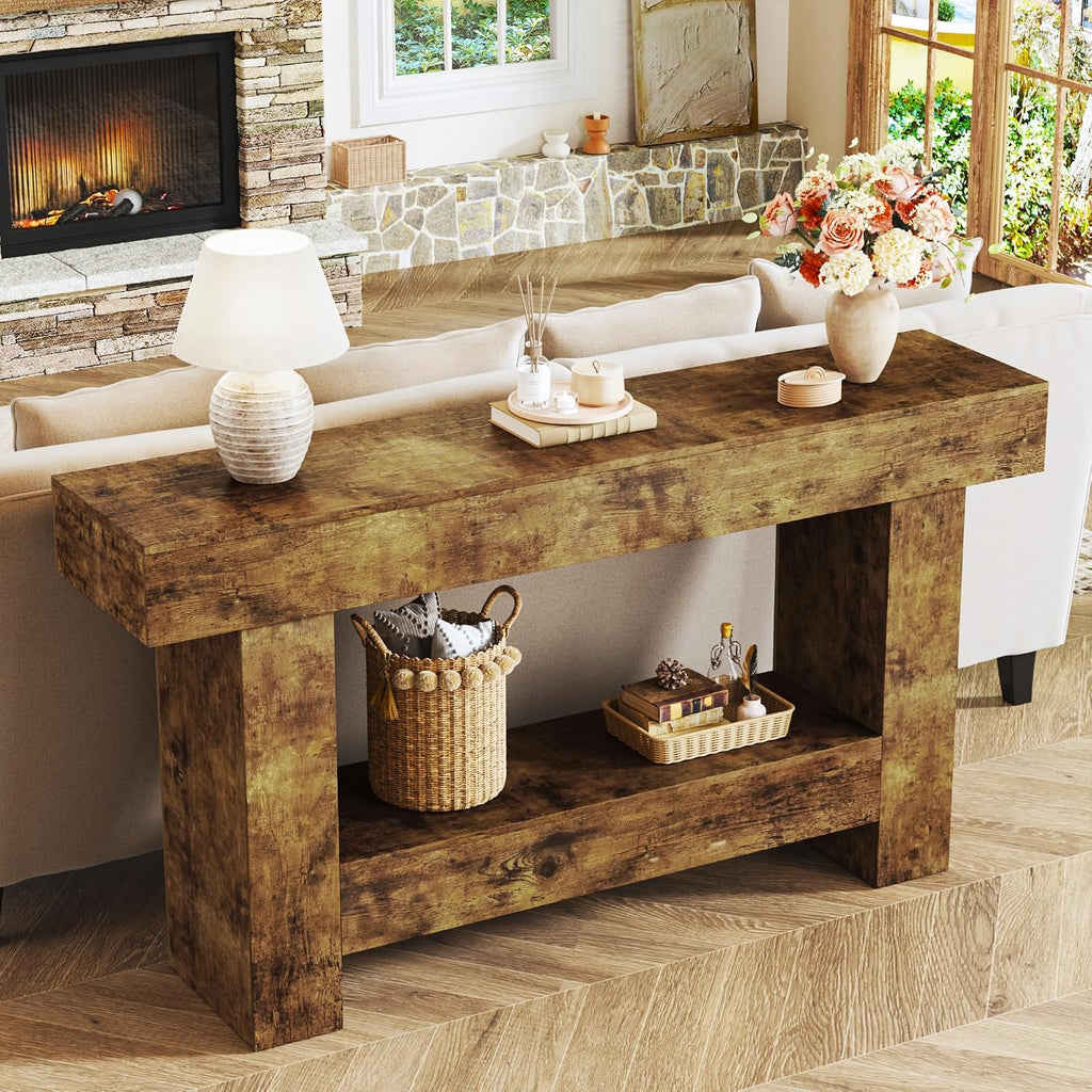 HUAHUU 63 Inches Long Console Table, Sofa Table with Storage Behind Couch, Entryway Table with Open Storage, Farmhouse Console Tables for Entryway, Living Room, Hallway, Oak Color