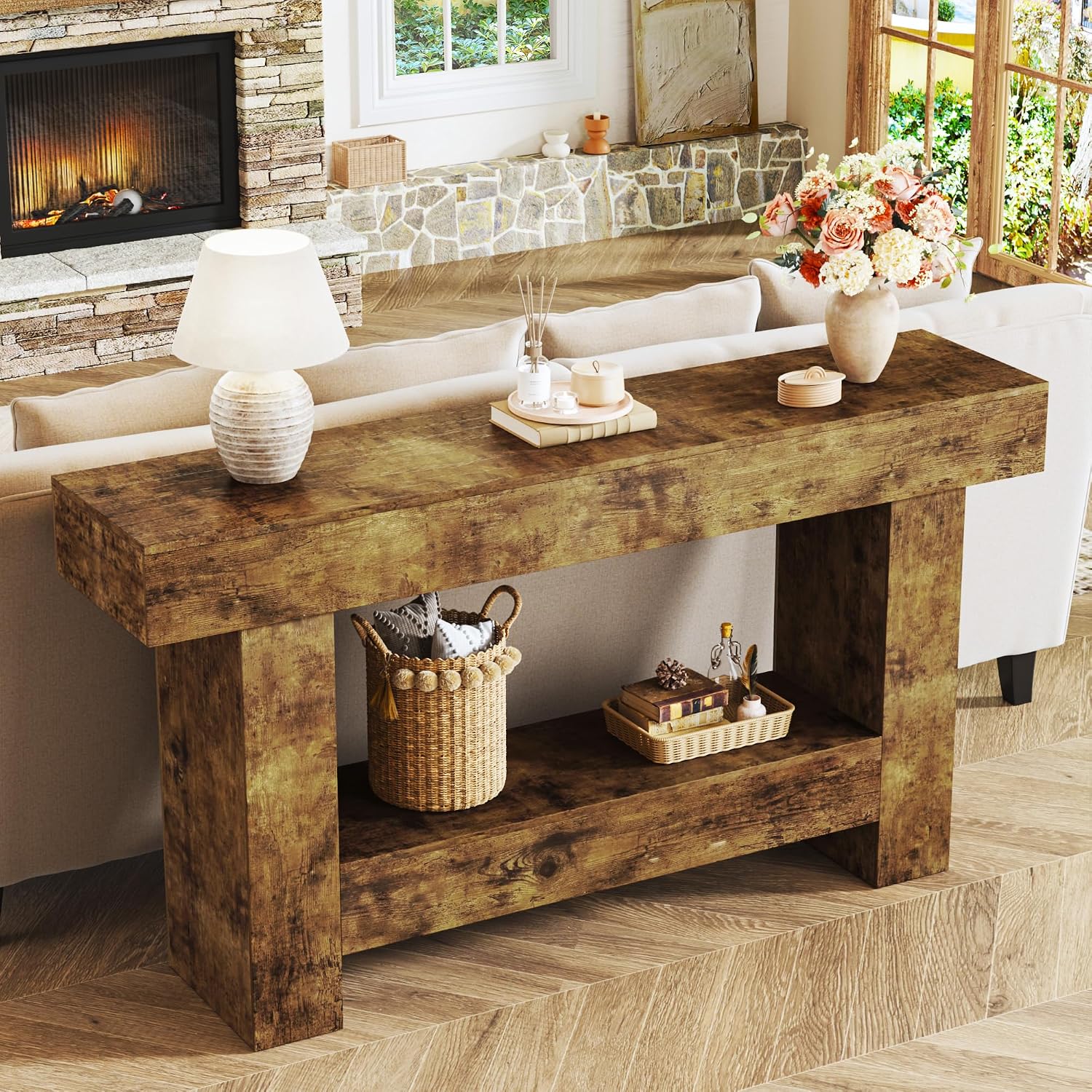 HUAHUU 63 Inches Long Console Table, Sofa Table with Storage Behind Couch, Entryway Table with Open Storage, Farmhouse Console Tables for Entryway, Living Room, Hallway, Oak Color