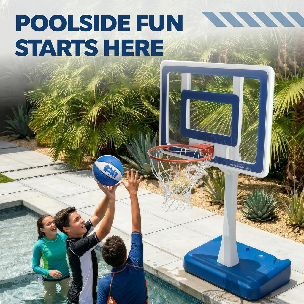 GoSports Splash Hoop Elite - Adjustable Height or Fixed Post - Pool Hoop Basketball Game with Water Weighted Base, Regulation Steel Rim and 2 Pool Basketballs