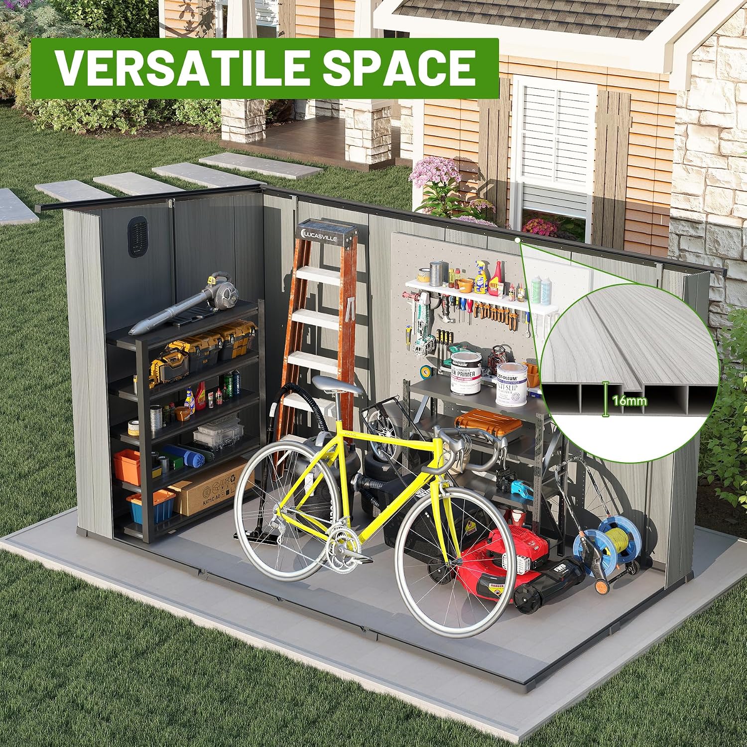 6x11 FT Outdoor Resin Storage Shed with Mats, All-Weather Sloping Plastic Storage Sheds with Lockable Doors & Vents, Outside Tool Storage Shed for Backyard, Garden, Mower, Bike & Pool Equipment