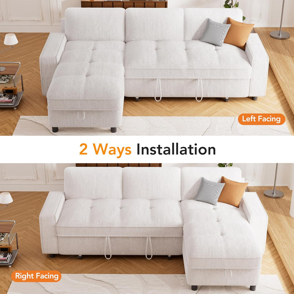 Sunny Heart Chenille Sleeper Sofa Bed, 81' L Shaped Couch Sleeper Sofa, Pull Out Couch Bed with Reclining Backrest | Reversible Storage Chaise | USB Port | Side Pocket | Tool-Free Assembly | Beige
