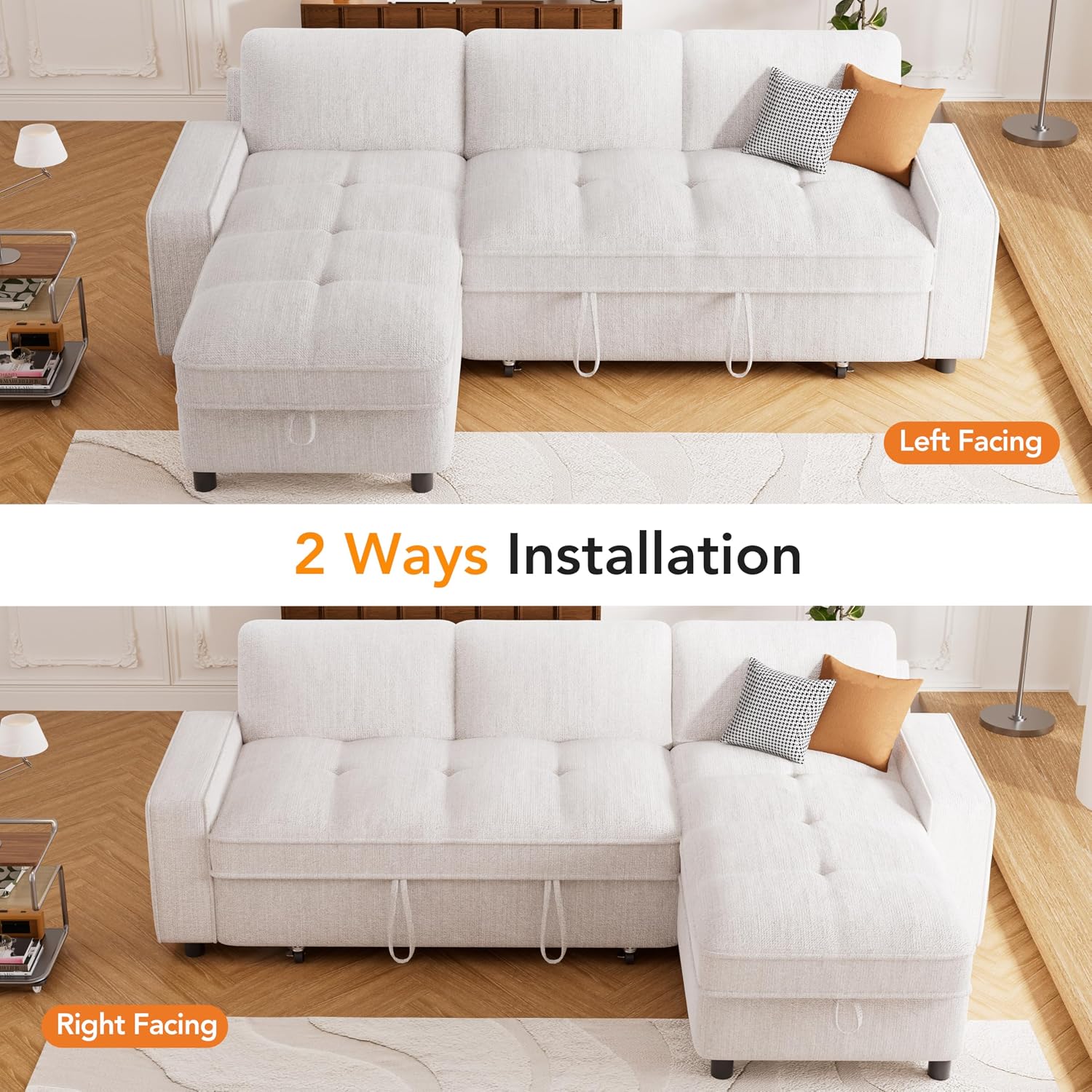 Sunny Heart Chenille Sleeper Sofa Bed, 81' L Shaped Couch Sleeper Sofa, Pull Out Couch Bed with Reclining Backrest | Reversible Storage Chaise | USB Port | Side Pocket | Tool-Free Assembly | Beige