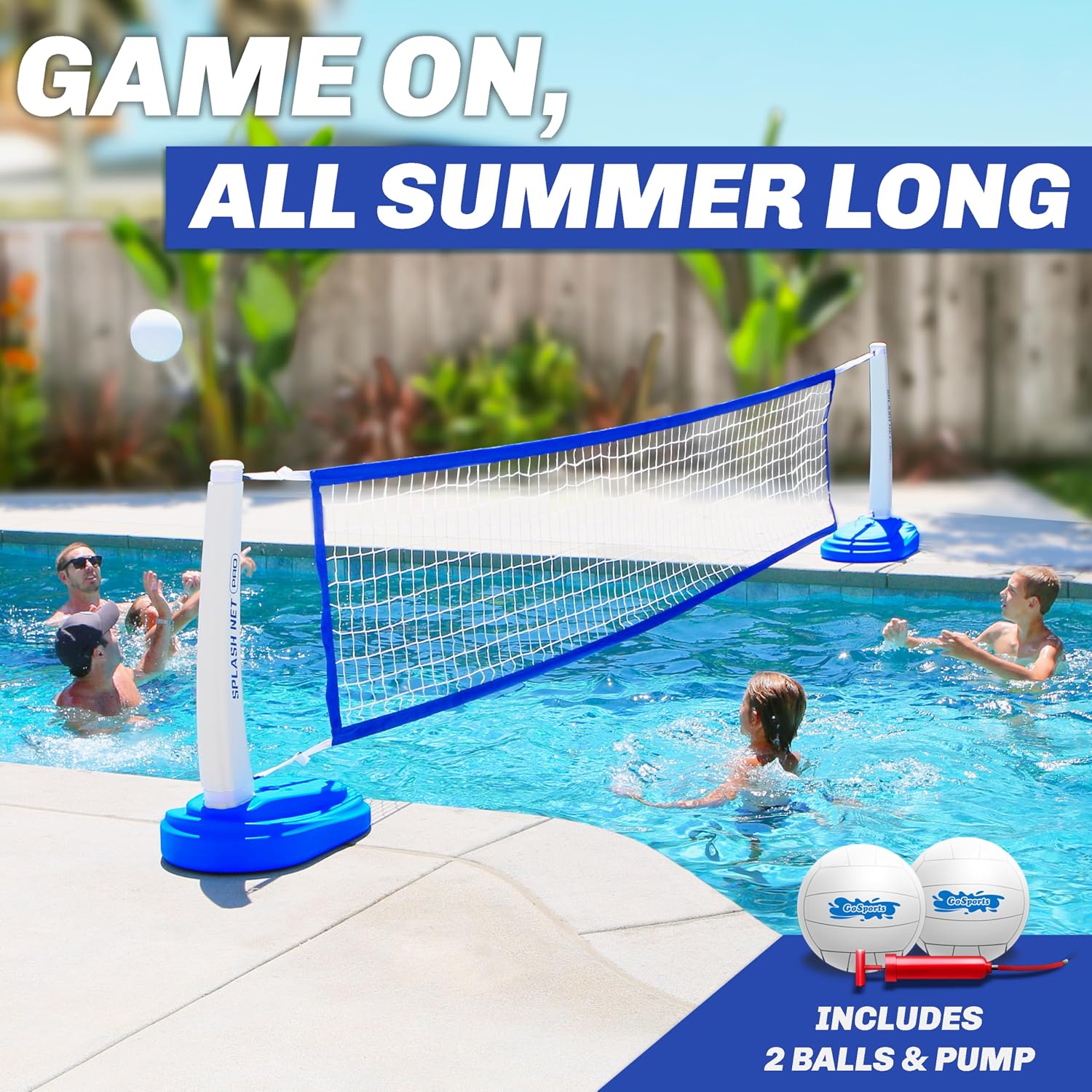 GoSports Splash Net PRO Pool Volleyball Net - Red, White, or Blue - Includes 2 Water Volleyballs and Pump