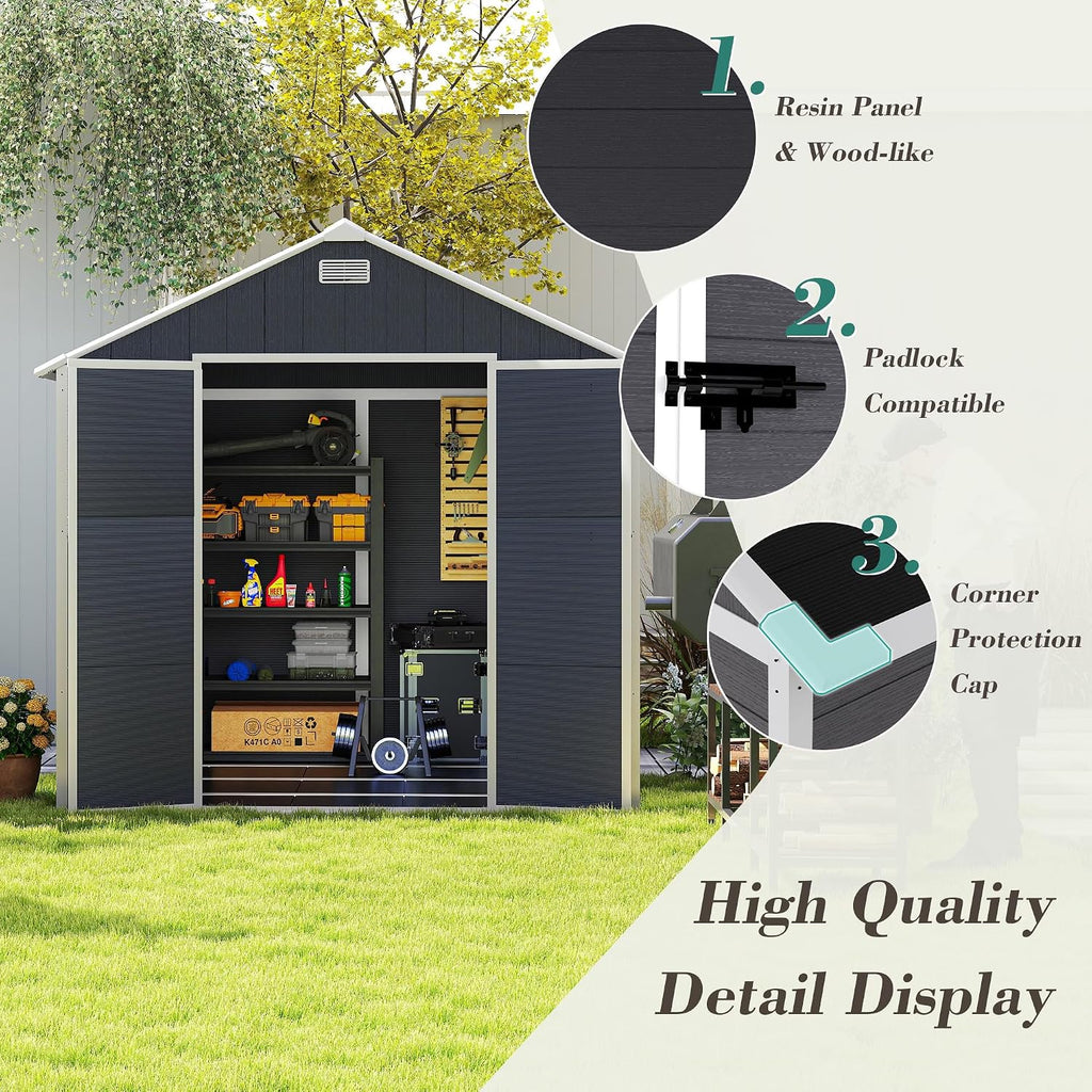 Campcraft 6x6ft Outdoor Storage Shed, Heavy-Duty Resin Plastic Garden Shed with HD Window, Waterproof UV-Resistant Tool Shed for Backyard, Patio & Lawn Equipment 12mm Thick PP Walls (8 x 8 ft)