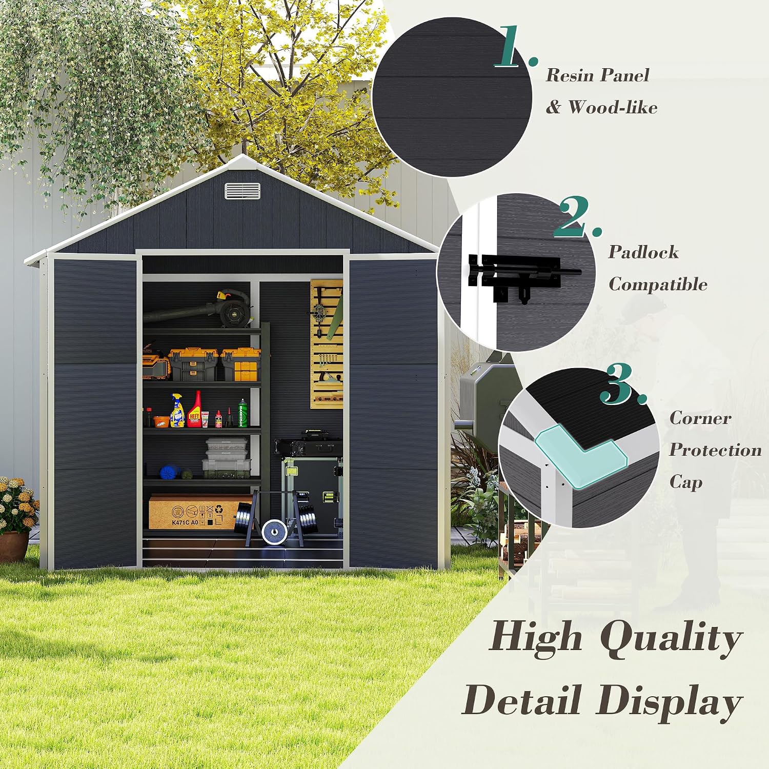 Campcraft 6x6ft Outdoor Storage Shed, Heavy-Duty Resin Plastic Garden Shed with HD Window, Waterproof UV-Resistant Tool Shed for Backyard, Patio & Lawn Equipment 12mm Thick PP Walls (8 x 8 ft)
