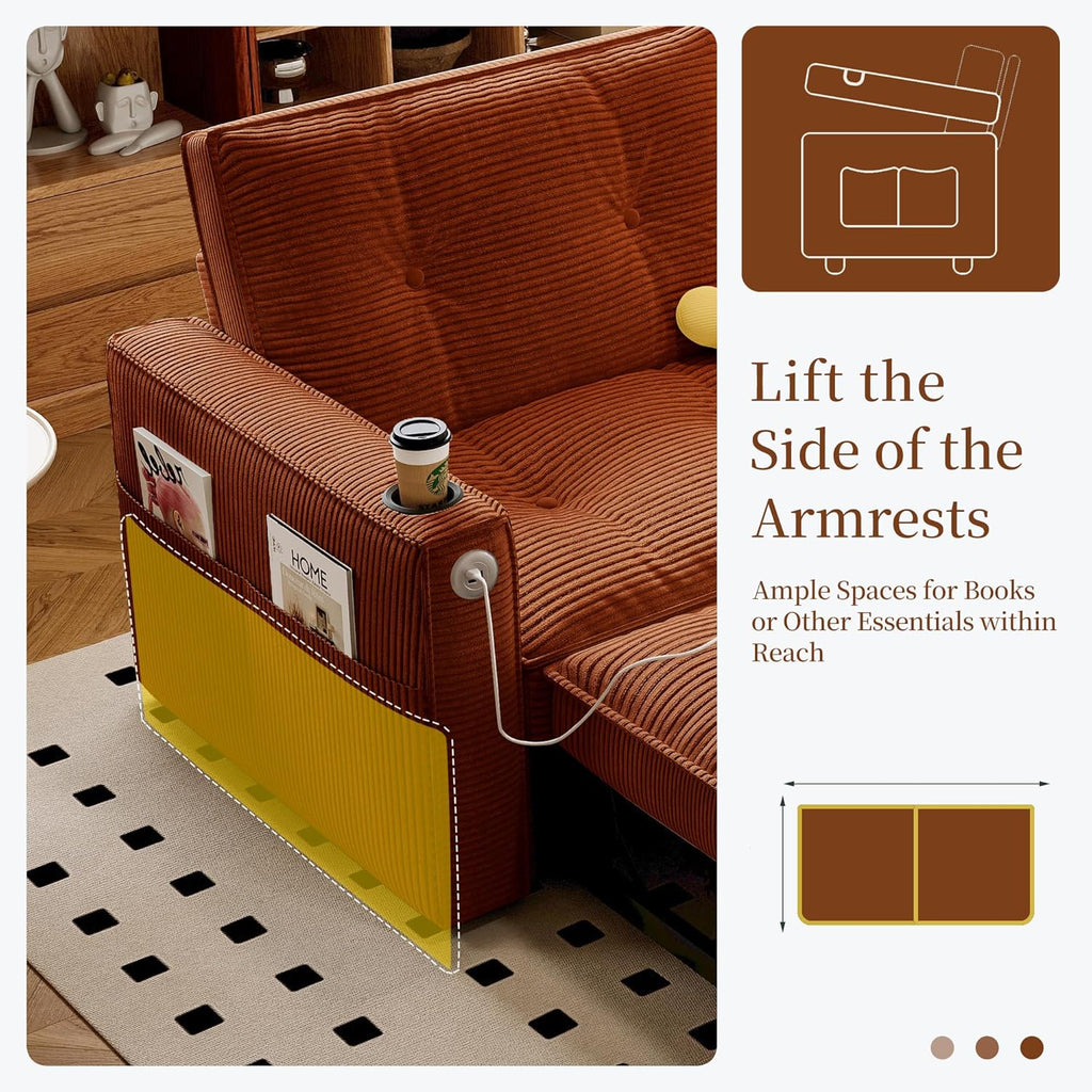 73' Queen Size Sofa Bed, Loveseat Sleeper Sofa with Pull Out Bed, Pockets and USB, Modern 2 Seater Convertible Small Couch for Living Room Bedroom Apartment (Orange, Corduroy)