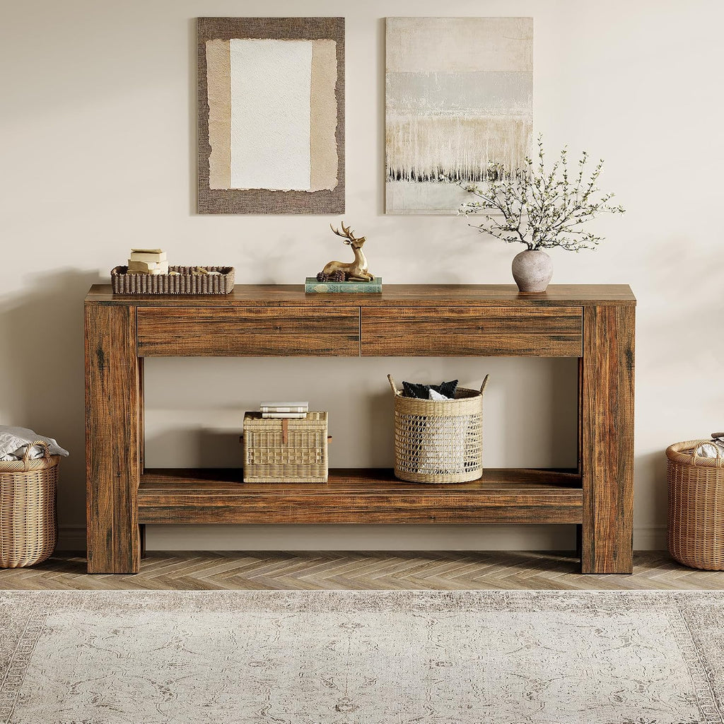 Tribesigns 63-Inch Console Table with 2 Drawers, 2-Tier Wooden Sofa Table Behind Couch, Farmhouse Entryway Console with Storage Shelf for Living Room, Entrance, Hallway (Dark Brown)