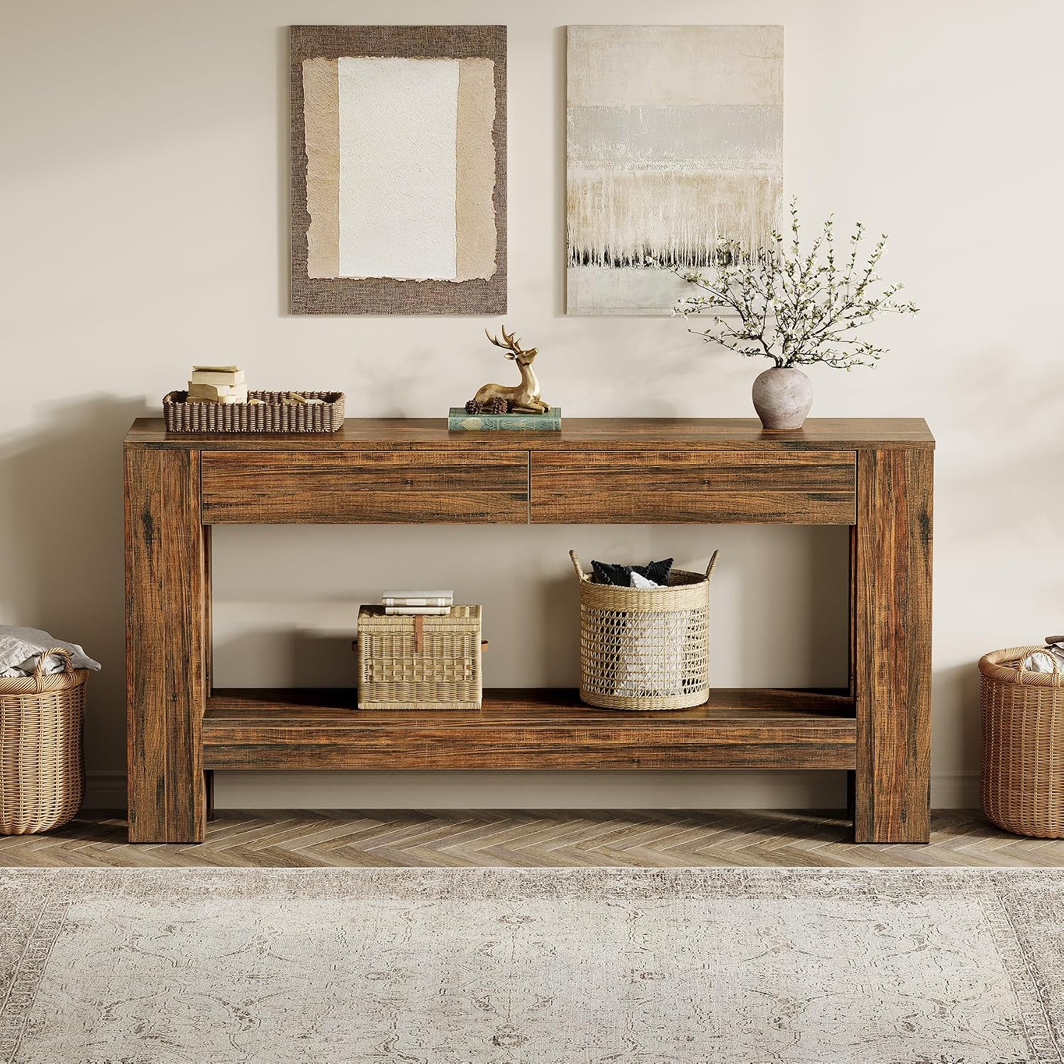 Tribesigns 63-Inch Console Table with 2 Drawers, 2-Tier Wooden Sofa Table Behind Couch, Farmhouse Entryway Console with Storage Shelf for Living Room, Entrance, Hallway (Dark Brown)