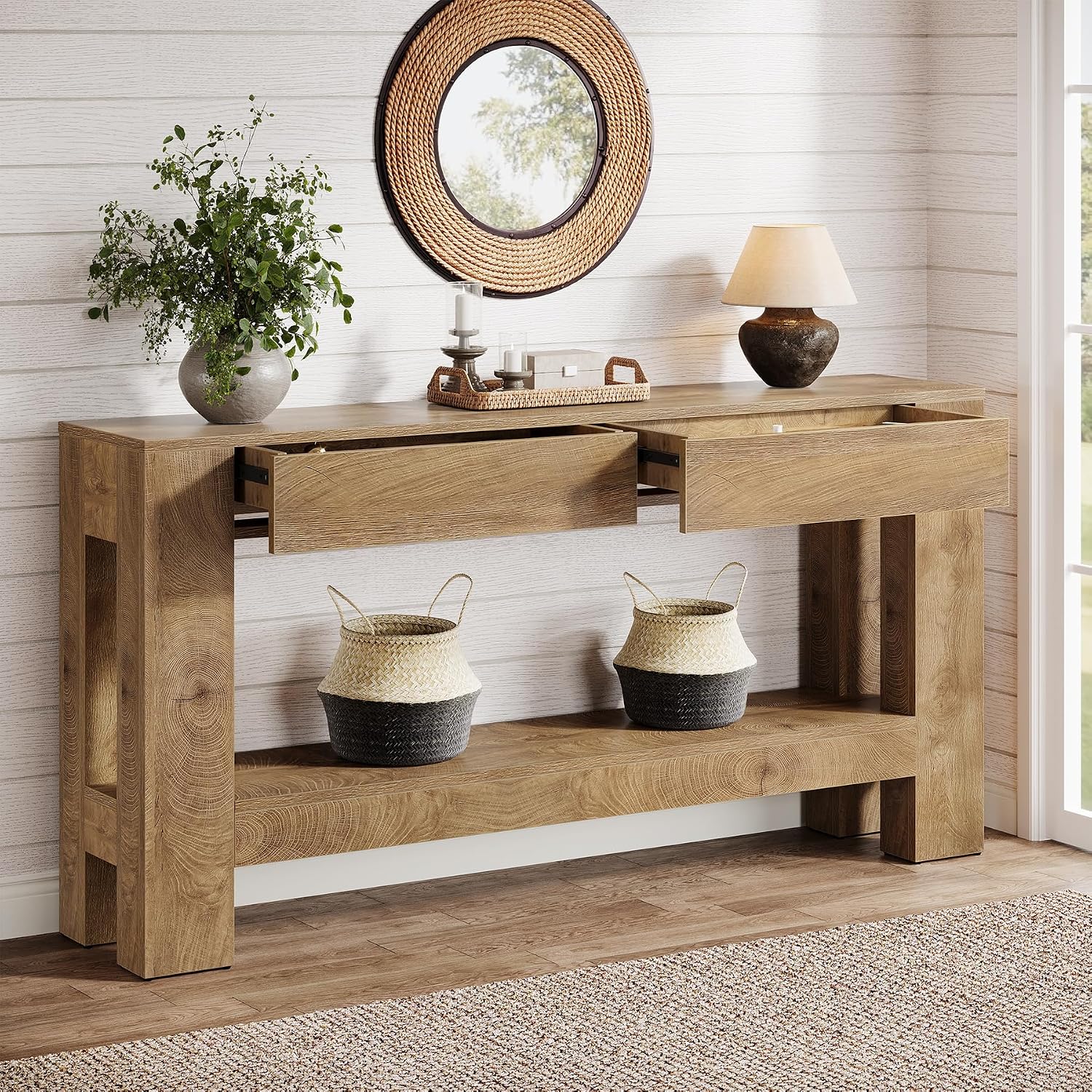 Tribesigns 63-Inch Console Table with 2 Drawers, 2-Tier Wooden Sofa Table Behind Couch, Farmhouse Entryway Console with Storage Shelf & Sturdy H-Shaped Legs for Living Room, Entrance, Hallway