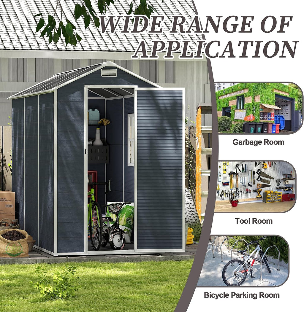 Campcraft 4x8ft Heavy Duty Resin Storage Shed - 12mm Thick PP Walls, Lockable Double Doors & HD Window, Waterproof Outdoor Garden Shed for Lawn Tools/Patio Furniture,Hurricane-Proof UV & Rust Proof