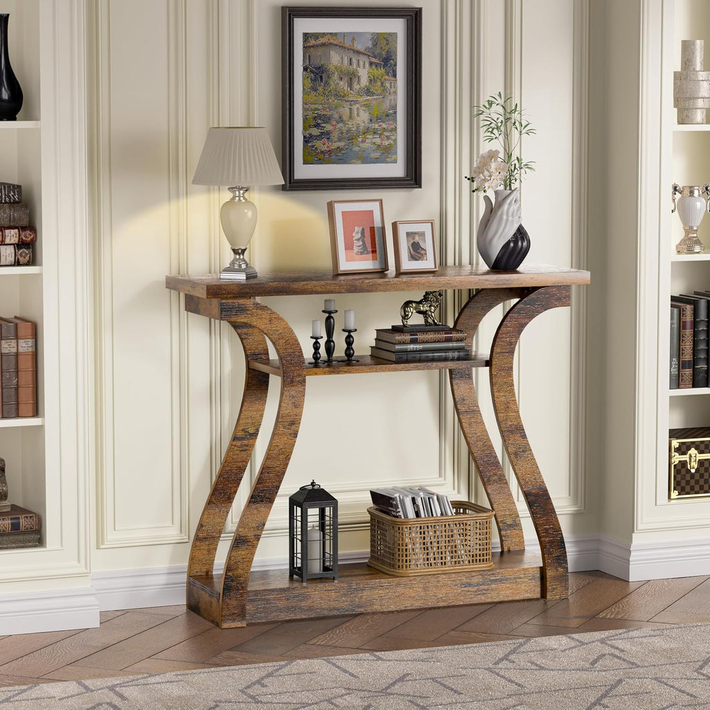 Wooden Console Table with Curved Legs and Shelf, 3-Tier Modern Accent Narrow Sofa Table for Entrance Area, Living Room, Hallway, 47 in Wide Wood Console Table for Entryway (Retro)