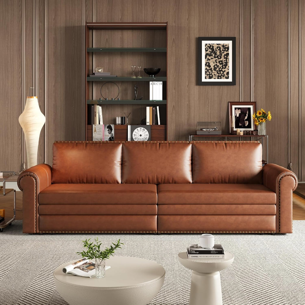93.7' King Size Sofa Bed Couch,PU Leather 3-in-1 Convertible Pull Out Sleeper Sofa Bed,Chesterfield Sofa with Nailhead Trim and Rolled Arm,Light Brown