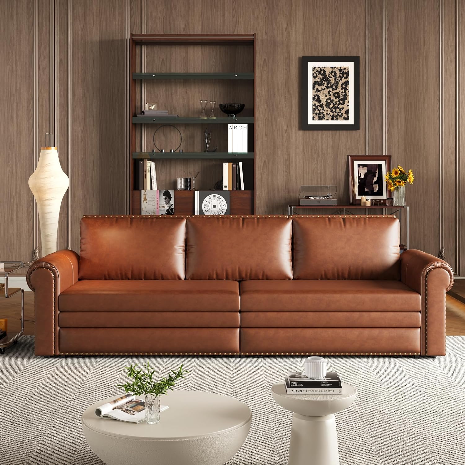 93.7' King Size Sofa Bed Couch,PU Leather 3-in-1 Convertible Pull Out Sleeper Sofa Bed,Chesterfield Sofa with Nailhead Trim and Rolled Arm,Light Brown