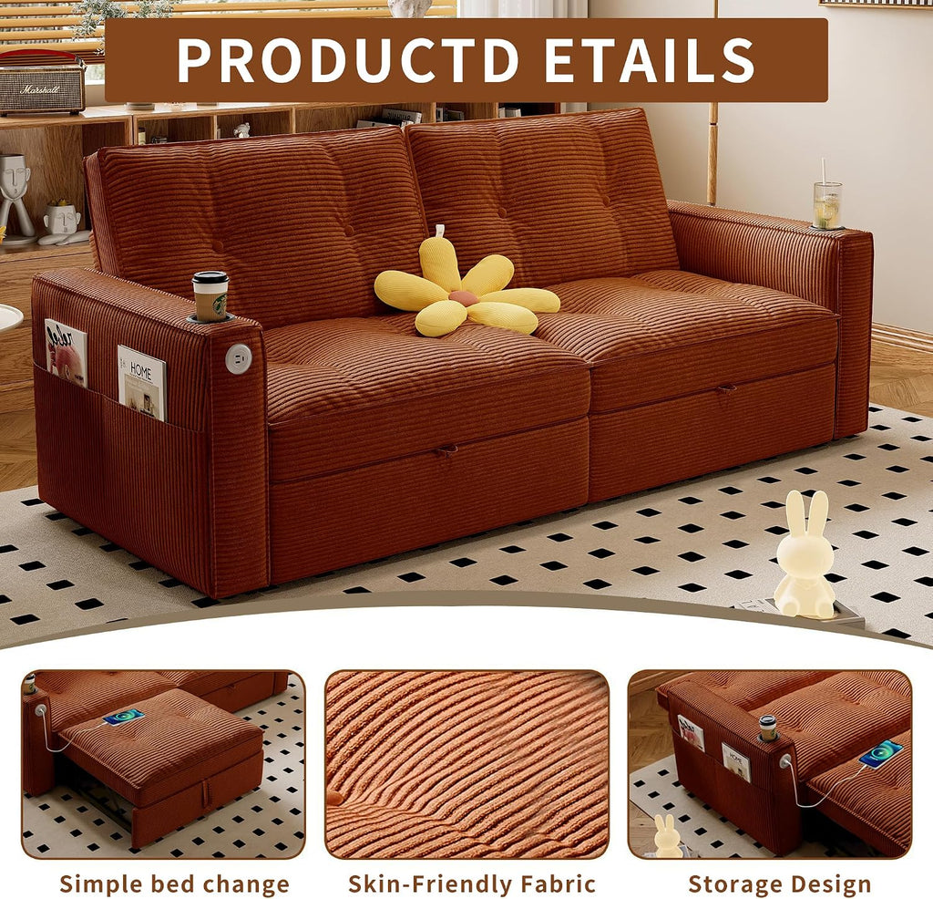 73' Queen Size Sofa Bed, Loveseat Sleeper Sofa with Pull Out Bed, Pockets and USB, Modern 2 Seater Convertible Small Couch for Living Room Bedroom Apartment (Orange, Corduroy)