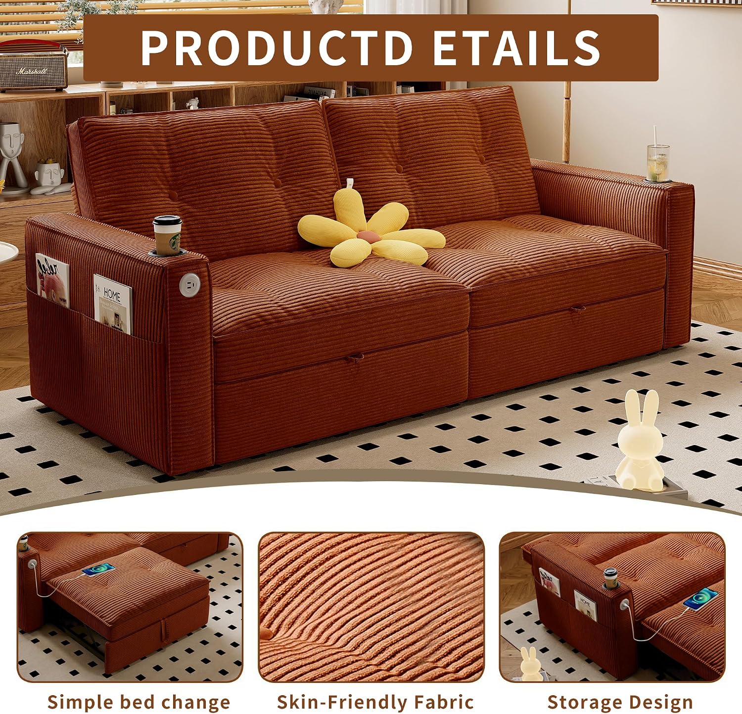 73' Queen Size Sofa Bed, Loveseat Sleeper Sofa with Pull Out Bed, Pockets and USB, Modern 2 Seater Convertible Small Couch for Living Room Bedroom Apartment (Orange, Corduroy)