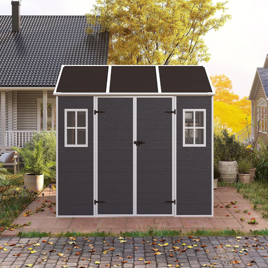 8x7ft Outdoor Storage Shed with Lockable Double Doors, Heavy Duty Resin Garden Shed for Backyard, 2 Windows & Floor Included, Hurricane-Proof, Waterproof UV-Resistant for Lawn Mower/Patio Furniture
