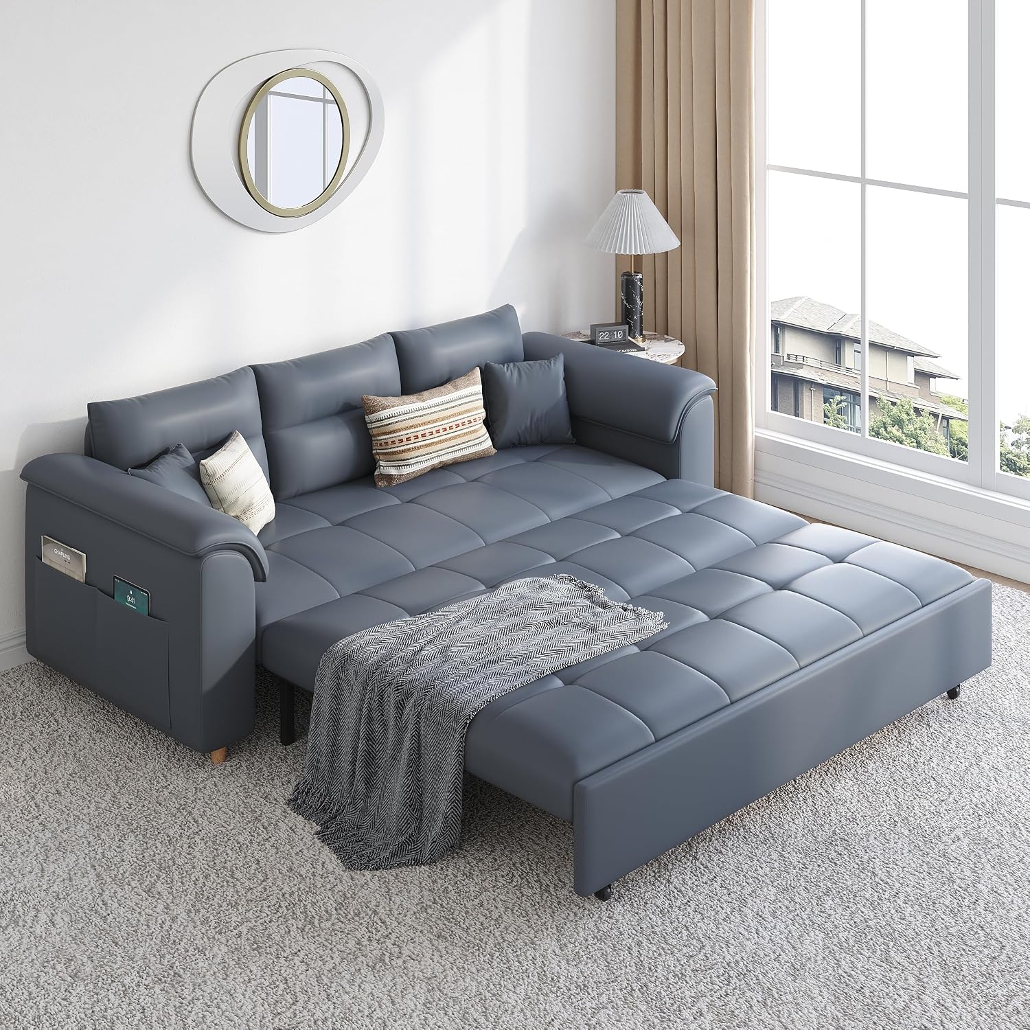 homary 74' Queen Sleeper Sofa Bed – 2-Seater Convertible Couch with Pull-Out Bed with Storage Drawers & Side Pockets, for Apartment Living Room (Deep Gray)