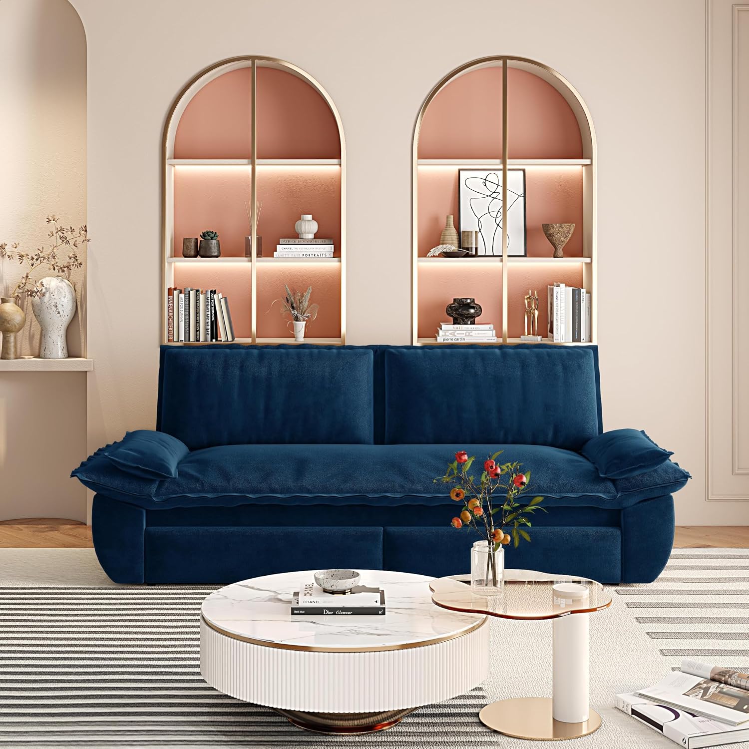 73.2' Sleeper Sofa Bed Queen Size, 3-in-1 Convertible Couch, Modern Pull Out Couches, Comfy Velvet Futon Sofa, Cloud Loveseat Lounge, Pillow Arm for Small Spaces, Living Room, Apartment, Blue