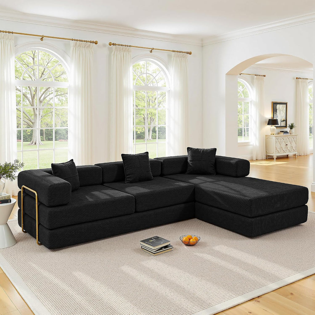 ivoros 108' Oversized Convertible Sleeper Sofa Bed, Corduroy L Shape Sectional Couch, Folding Sofa Bed with Fixed-Shape Frame, Modern Cloud Floor Mattress Couch, Modular Sofa for Living Room, Black