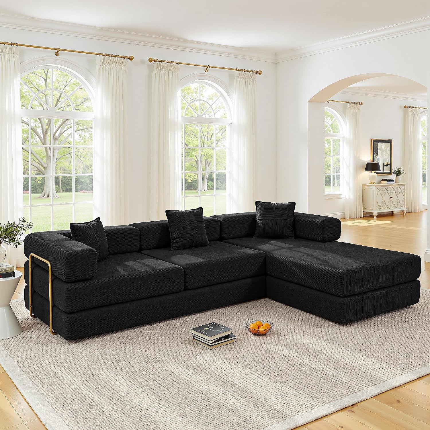 ivoros 108' Oversized Convertible Sleeper Sofa Bed, Corduroy L Shape Sectional Couch, Folding Sofa Bed with Fixed-Shape Frame, Modern Cloud Floor Mattress Couch, Modular Sofa for Living Room, Black