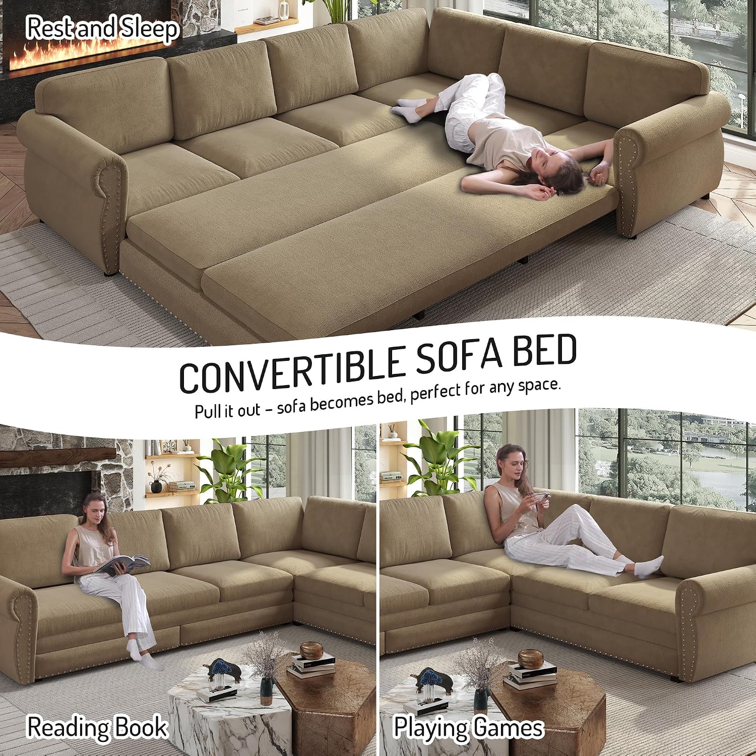 118'' Sleeper Sofa Bed, Convertible Pull Out Couch, Upholstered Sectional Sofa, Chenille L-Shaped Couch with Nailhead Trim, Modern Sectional Couches for Living Room, Apartment, Camel