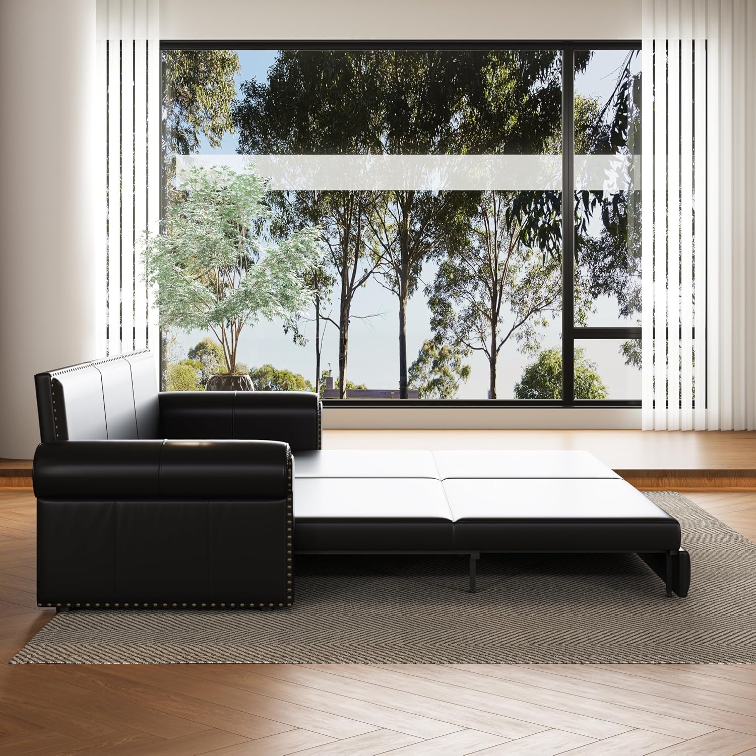 93.7' King Size Sofa Bed Couch,PU Leather 3-in-1 Convertible Pull Out Sleeper Sofa Bed,Chesterfield Sofa with Nailhead Trim and Rolled Arm,Black