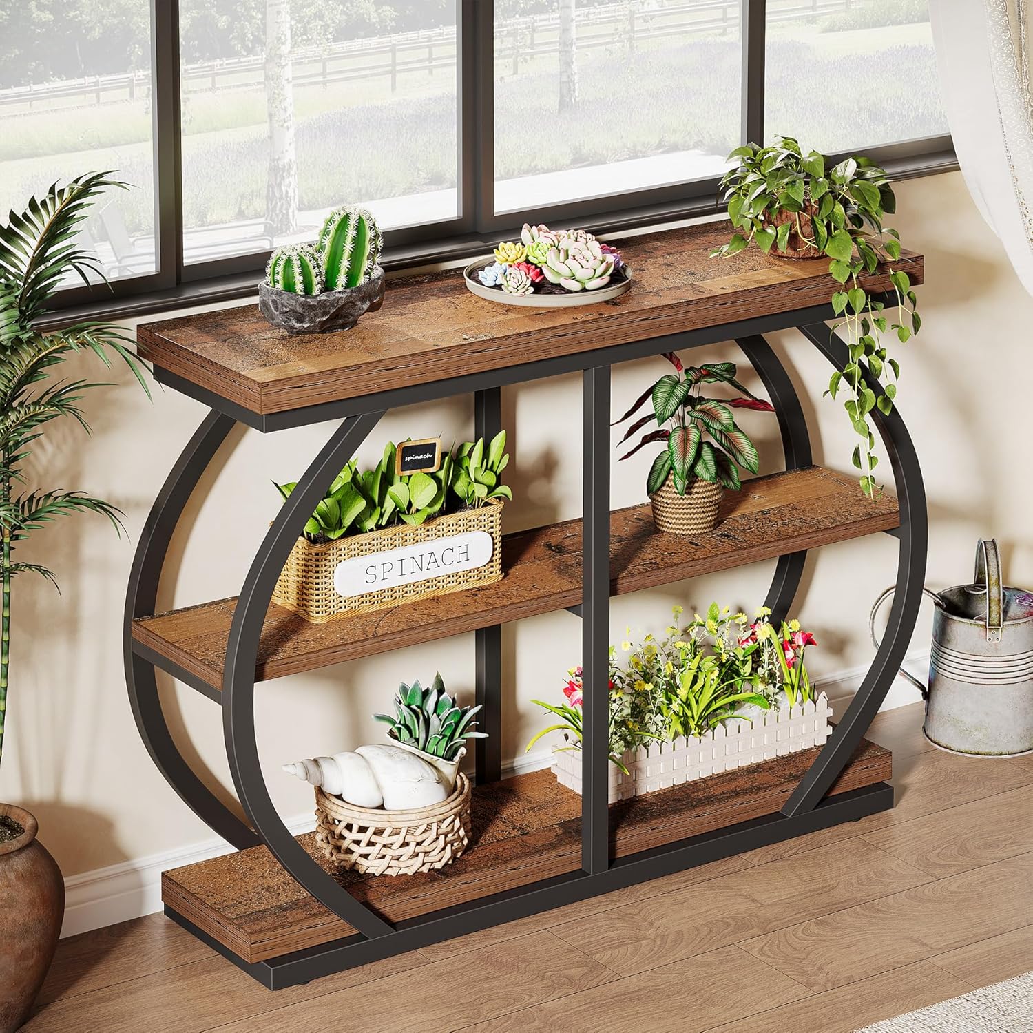 Tribesigns 41.3' Console Table, Industrial 3-Tier Entryway Table with Arched Metal Frame and Storage Shelves for Living Room, Hallway, Mix Brown
