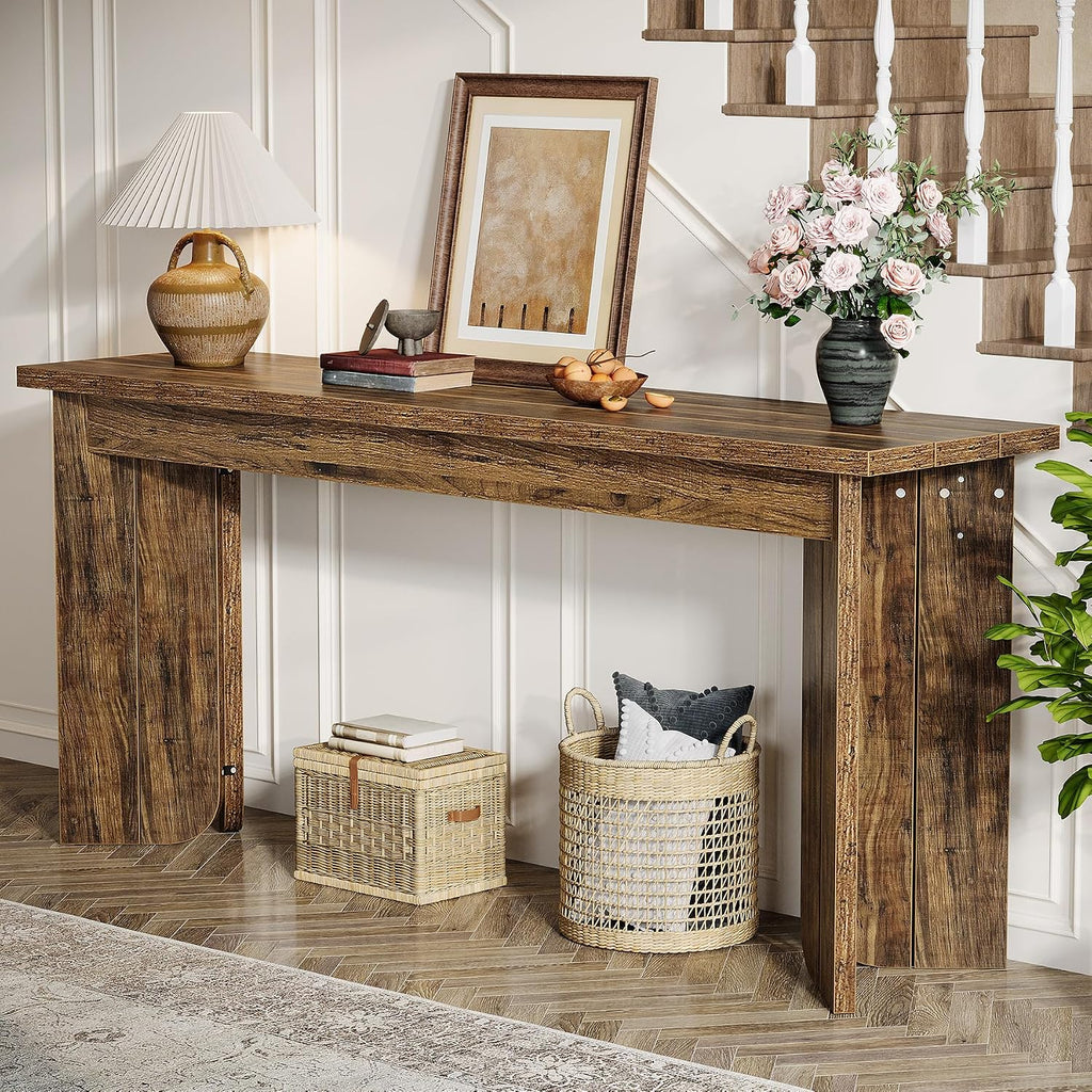 Tribesigns Farmhouse Console Table, 70.9-Inch Extra Long Console Table, Wood Sofa Table Behind Couch with Widened Tabletop & Sturdy Double Pedestal for Living Room, Hallway, Foyer (Rustic Brown)