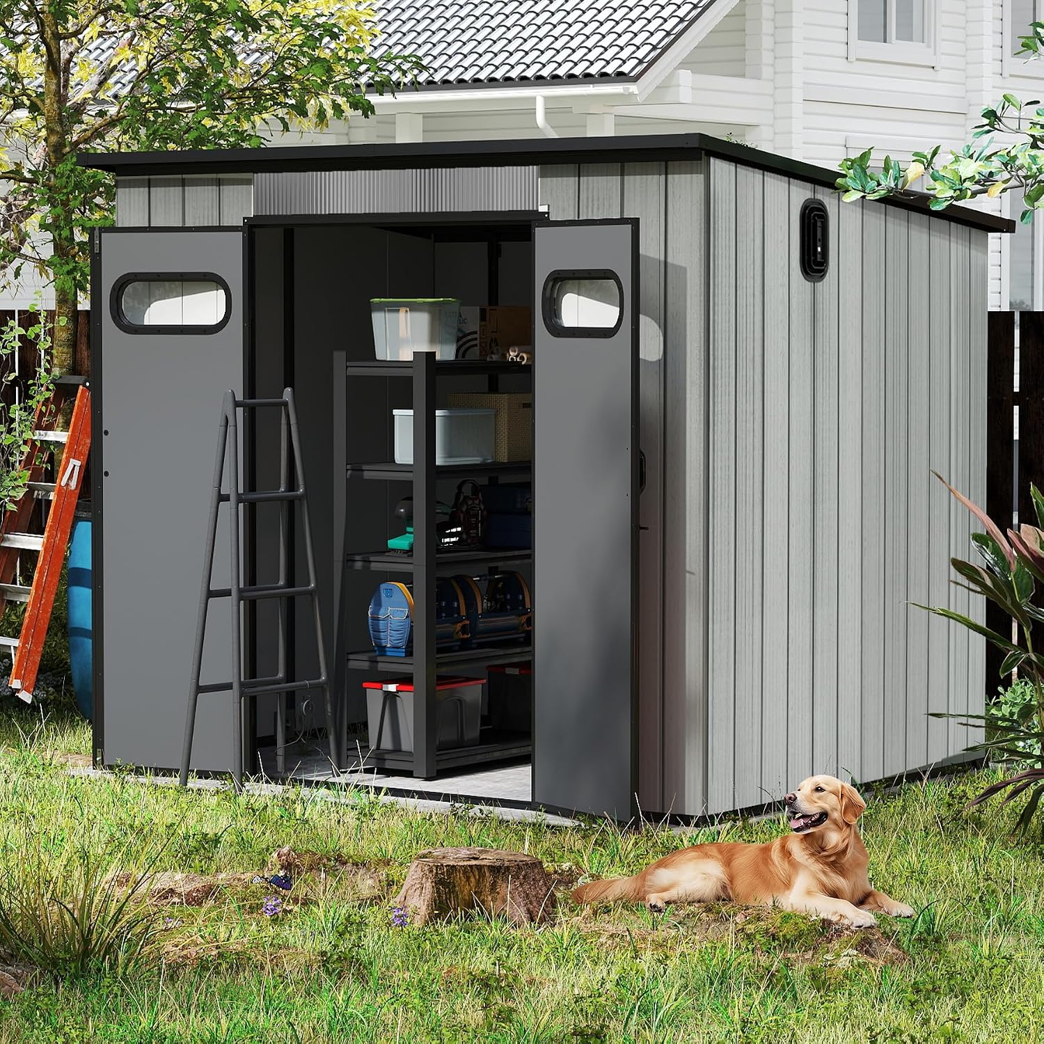 6x8 FT Outdoor Resin Storage Shed with Mats, All-Weather Sloping Plastic Storage Sheds with Lockable Doors & Vents, Outside Tool Storage Shed for Backyard, Garden, Mower, Bike & Pool Equipment