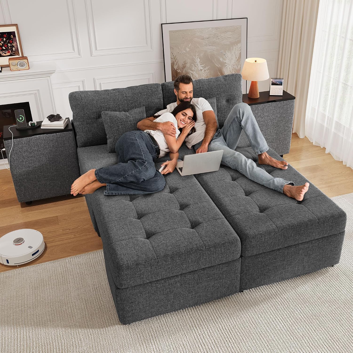 DWVO Queen Size Sofa Bed, 5-in-1 Multi-functional Convertible Sleeper Sofa with 2 Storage Cabinet Nightstand & USB Ports, 100' Sectional Sofa Couch with 2 Comfy Pillows for Living Room Apartment, Grey