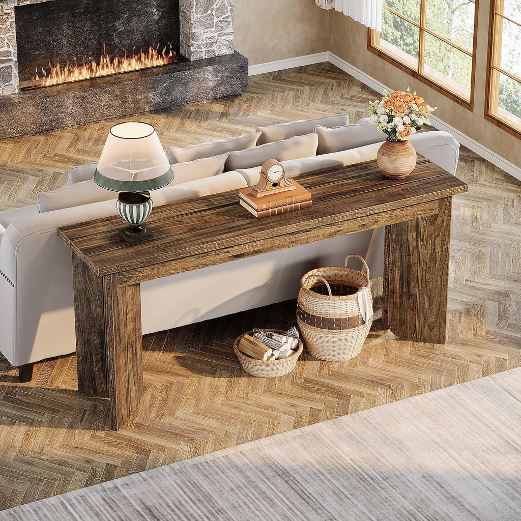 Tribesigns Farmhouse Console Table, 70.9-Inch Extra Long Console Table, Wood Sofa Table Behind Couch with Widened Tabletop & Sturdy Double Pedestal for Living Room, Hallway, Foyer (Rustic Brown)