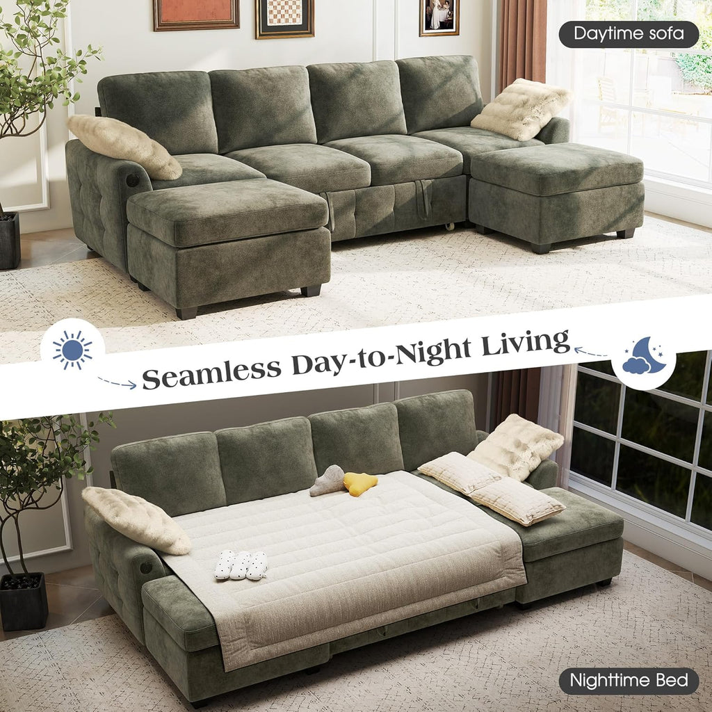 Ihanherry L-Shaped Sectional Sofa Bed, 6-Seater Convertible Pull Out Sleeper with Storage Ottoman, USB Charging Ports & Wide Armrests, Premium Chenille Fabric for Large Living Room, Apartment（Gray）