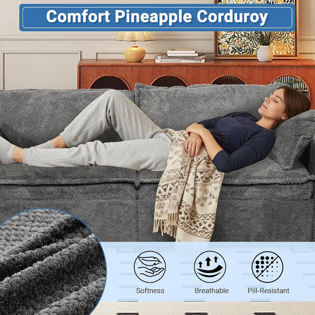 73' Sleeper Sofa Bed, 3-in-1 Pull Out Couch with USB/Type-C Charging & Side Pockets, Convertible Corduroy Loveseat Chaise Lounge, Space-Saving Sofa for Living Room, Grey