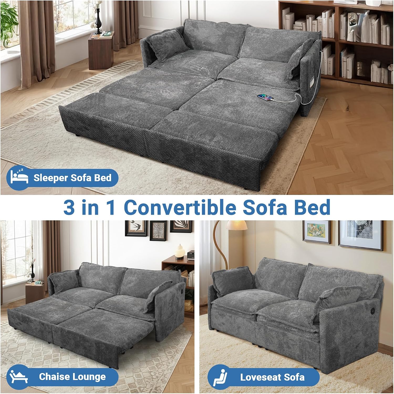 73' Sleeper Sofa Bed, 3-in-1 Pull Out Couch with USB/Type-C Charging & Side Pockets, Convertible Corduroy Loveseat Chaise Lounge, Space-Saving Sofa for Living Room, Grey