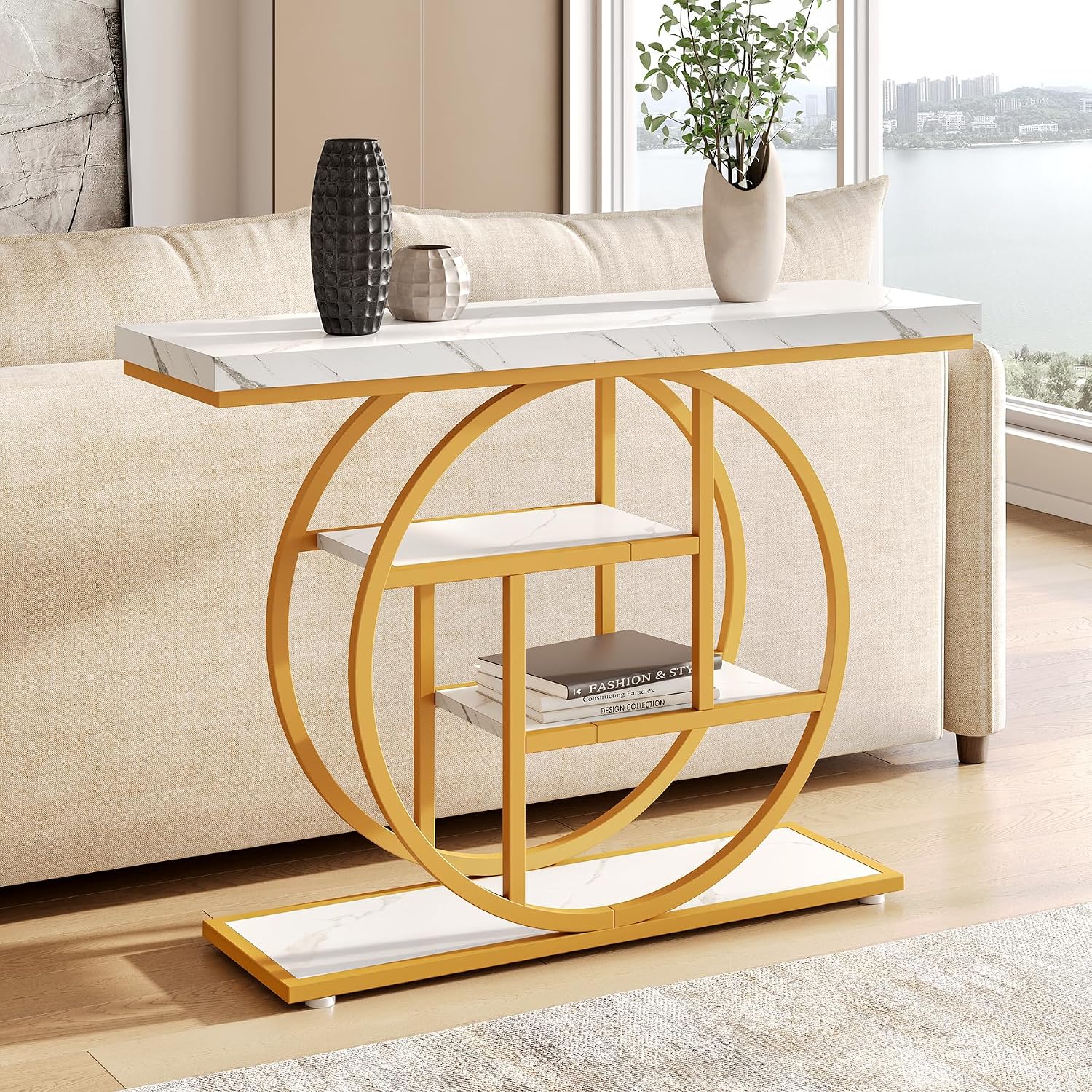 LITTLE TREE Console Table, 4-Tier Entryway Table Behind Couch Table, 41.3-Inch Modern Sofa Table for Living Room, Foyer Hallway Table for Entrance, White and Gold