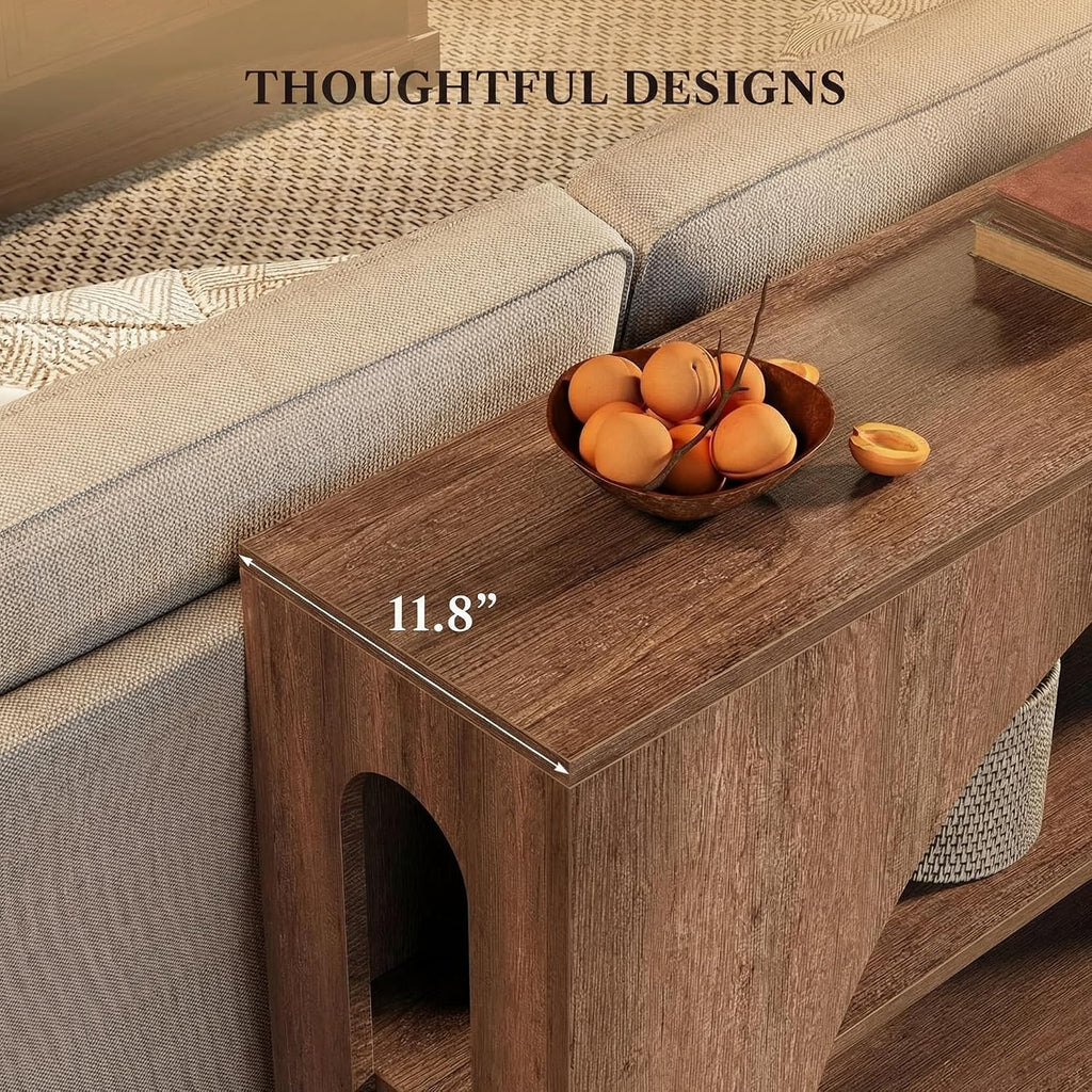 55' Arched Console Table with 3-Tier Storage, Farmhouse Wooden Sofa Table Behind Couch, Narrow Long Entryway Table for Entrance, Hallway, Living Room, Brown Oak