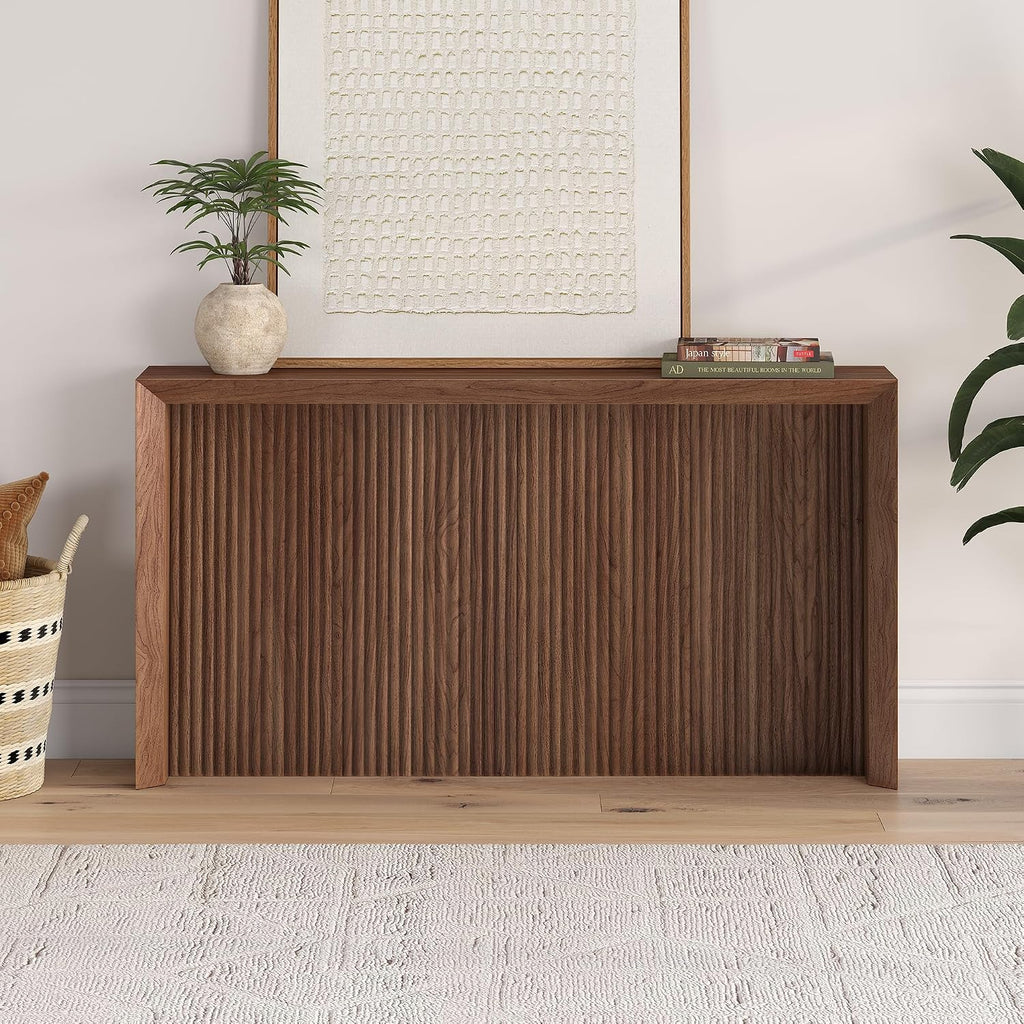 Henn&Hart 56' Fluted Wooden Rectangular Console Table Ribbed Entryway Table, Sofa Table for Entryway, Living Room, Couch, Hallway, or Office, Medium Walnut