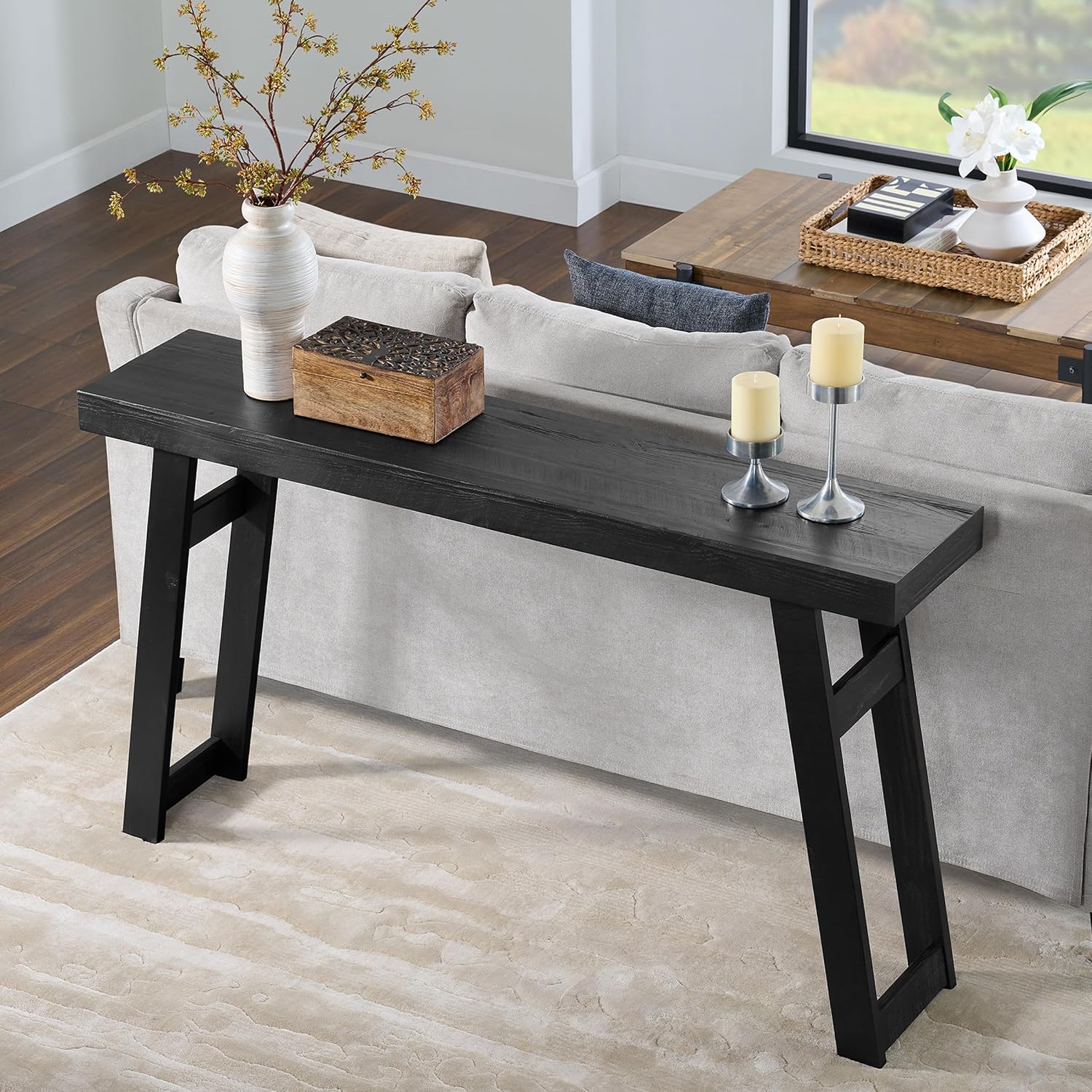 Alaterre Furniture Lawas Solid Wood Console Table - 56 Inch Modern Farmhouse Entryway Table - Easy Assembly Living Room Furniture for Behind The Couch, Entryway, or Hallway (Black)