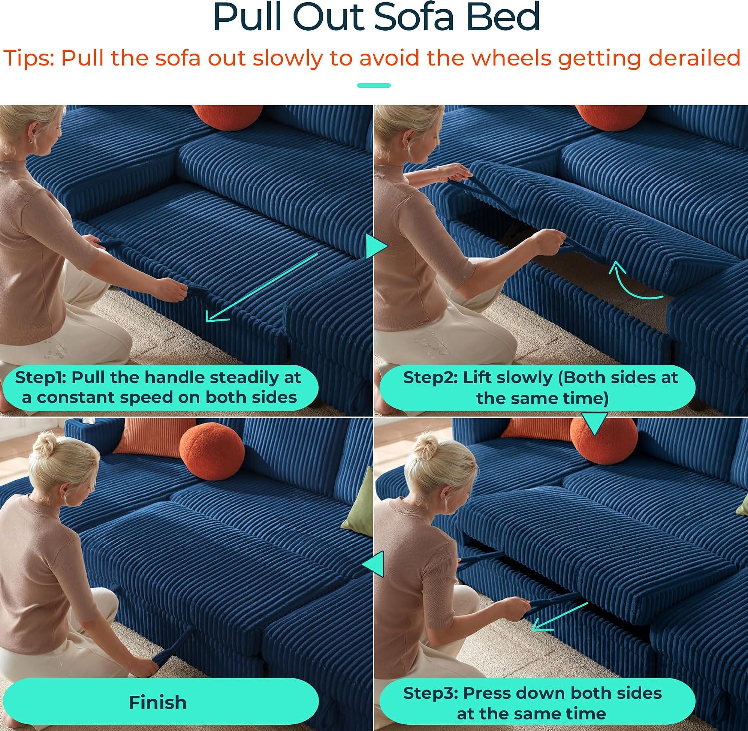 LINSY HOME Pull Out Loveseat Sofa Sectional Sleeper Sofa, Plush Corduroy Love Seat Couch Pullout Modular Sectional Couches for Living Room Apartment Bedroom (Blue)
