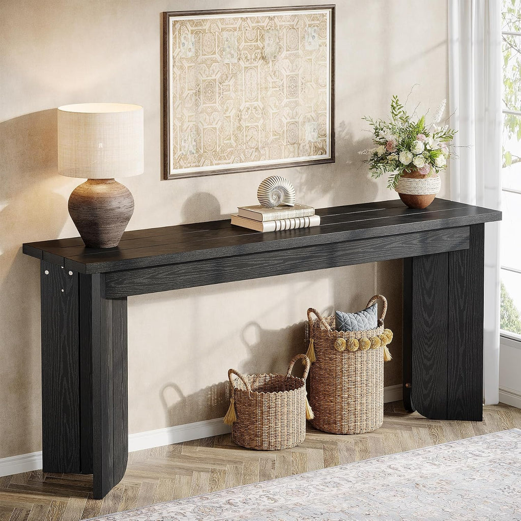 Tribesigns Farmhouse Console Table, 70.9-Inch Extra Long Console Table, Wood Sofa Table Behind Couch with Widened Tabletop & Sturdy Double Pedestal for Living Room, Hallway, Foyer (Black)