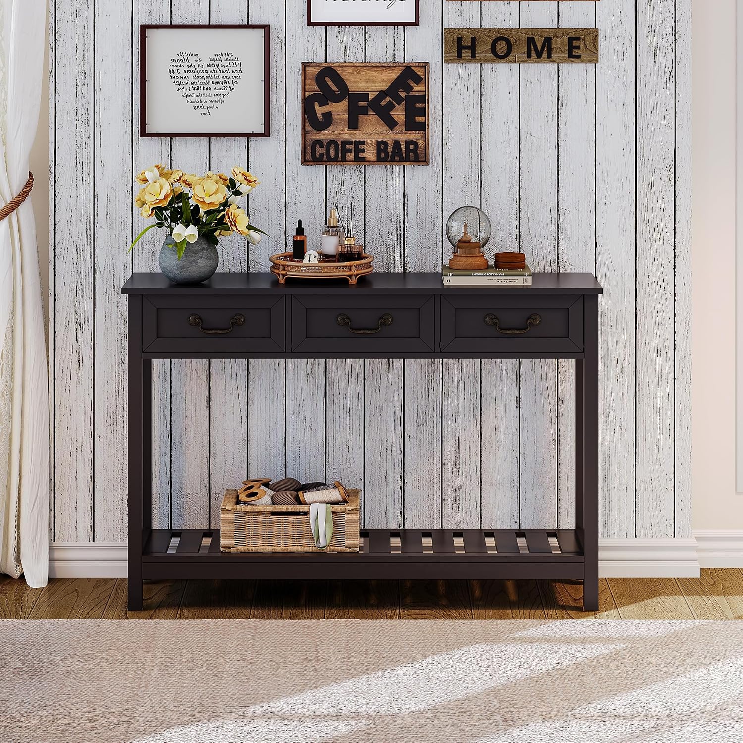 ChooChoo Console Table with 3 Drawers, Rustic Entryway Table, Narrow Long Sofa Table for Living Room, Hallway, Behind Couch, Black
