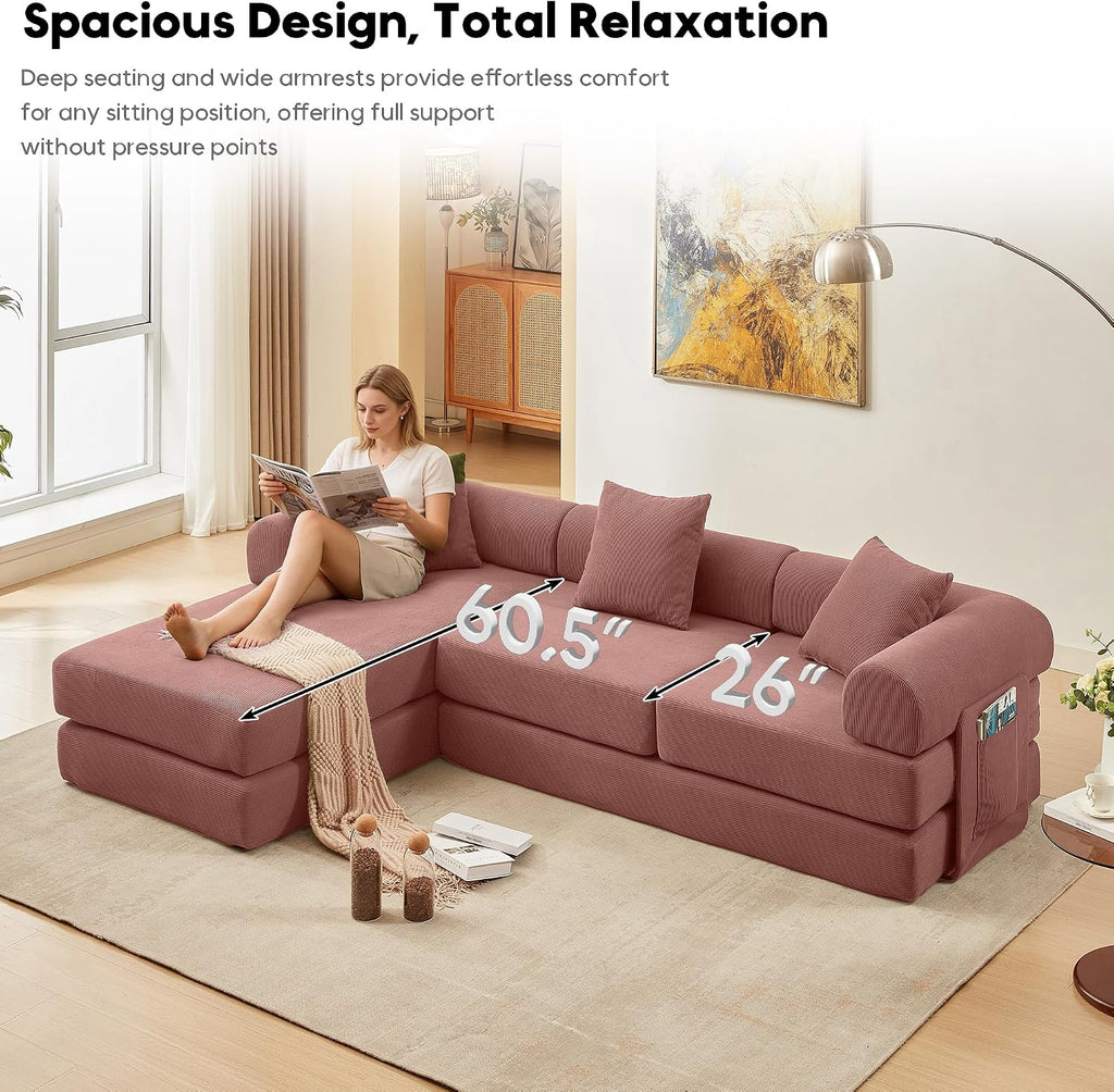 Modular L Shaped Sofa Bed with Cylindrical Pillow & Reversible Chaise, Corduroy Convertible Floor Boneless Sofa Couch Bed with Fixed-Shape Frame & Storage Pocket for Living Room, Pink