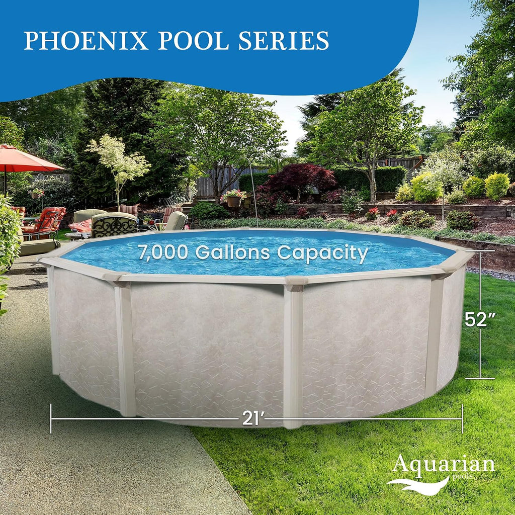 Aquarian Above Ground Pool Kit w/Pump & Leaf Skimmer, Phoenix Steel-Frame, 21', Transparent - Large Heavy-Duty Outdoor Family Swimming Pool for Backyard, Patio, and Yard