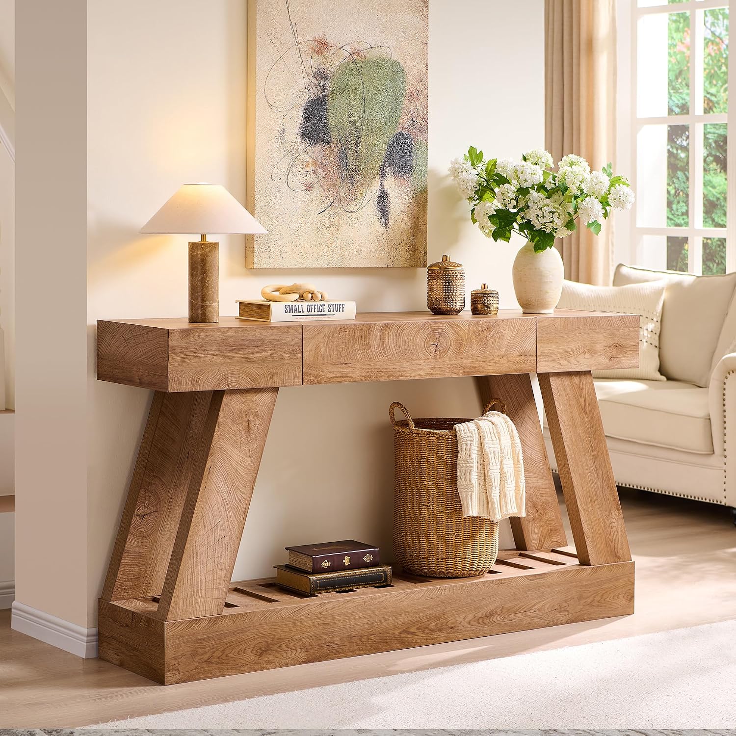 60' Farmhouse Entryway Table with Drawer, Wooden Hallway Foyer Table with Heavy Duty Base, Sofa Table for Living Room(Light Knotty Oak)