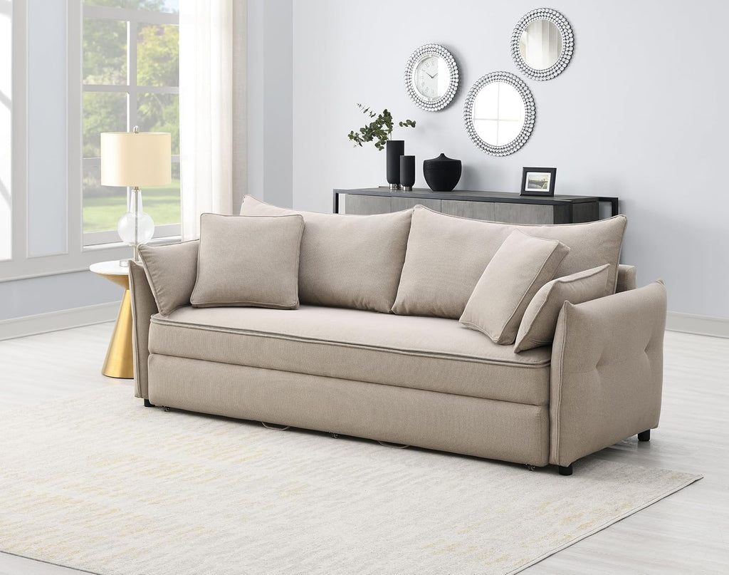 Acme Irina Fabric Upholstered Sofa with Full Size Sleeper and 4 Pillows in Beige
